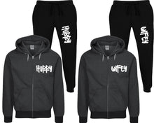 將圖片載入圖庫檢視器 Hubby and Wifey speckle zipper hoodies, Matching couple hoodies, Black zip up hoodie for man, Black zip up hoodie womens, Black jogger pants for man and woman.
