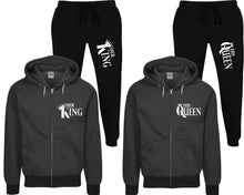 Load image into Gallery viewer, Her King and His Queen speckle zipper hoodies, Matching couple hoodies, Black zip up hoodie for man, Black zip up hoodie womens, Black jogger pants for man and woman.
