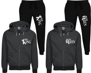 Her King and His Queen speckle zipper hoodies, Matching couple hoodies, Black zip up hoodie for man, Black zip up hoodie womens, Black jogger pants for man and woman.