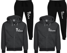 Load image into Gallery viewer, Prince and Princess speckle zipper hoodies, Matching couple hoodies, Black zip up hoodie for man, Black zip up hoodie womens, Black jogger pants for man and woman.
