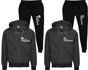 Prince and Princess speckle zipper hoodies, Matching couple hoodies, Black zip up hoodie for man, Black zip up hoodie womens, Black jogger pants for man and woman.