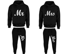 Charger l&#39;image dans la galerie, Mr and Mrs matching top and bottom set, Black pullover hoodie and sweatpants sets for mens, pullover hoodie and jogger set womens. Matching couple joggers.
