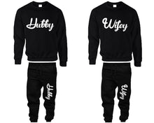 Charger l&#39;image dans la galerie, Hubby and Wifey top and bottom sets. Black sweatshirt and sweatpants set for men, sweater and jogger pants for women.
