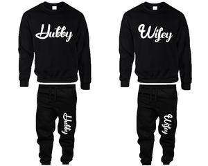 Hubby and Wifey top and bottom sets. Black sweatshirt and sweatpants set for men, sweater and jogger pants for women.
