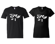 Load image into Gallery viewer, She&#39;s My Number 1 and He&#39;s My Number 1 matching couple v-neck shirts.Couple shirts, Black v neck t shirts for men, v neck t shirts women. Couple matching shirts.
