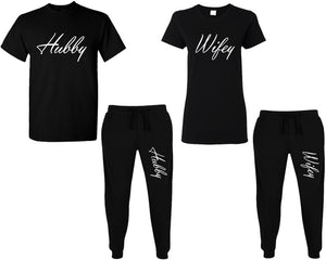 Hubby and Wifey shirts and jogger pants, matching top and bottom set, Black t shirts, men joggers, shirt and jogger pants women. Matching couple joggers