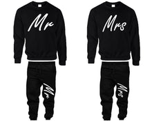 將圖片載入圖庫檢視器 Mr and Mrs top and bottom sets. Black sweatshirt and sweatpants set for men, sweater and jogger pants for women.
