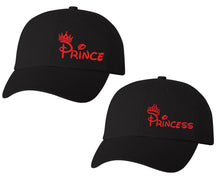 Load image into Gallery viewer, Prince and Princess matching caps for couples, Black baseball caps.Red color Vinyl Design
