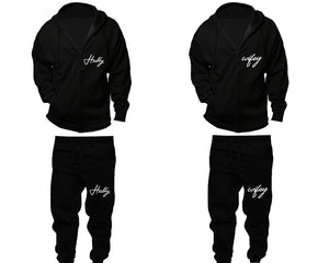 Hubby and Wifey zipper hoodies, Matching couple hoodies, Black zip up hoodie for man, Black zip up hoodie womens, Black jogger pants for man and woman.