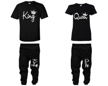 將圖片載入圖庫檢視器 King Queen shirts, matching top and bottom set, Black t shirts, men joggers, shirt and jogger pants women. Matching couple joggers

