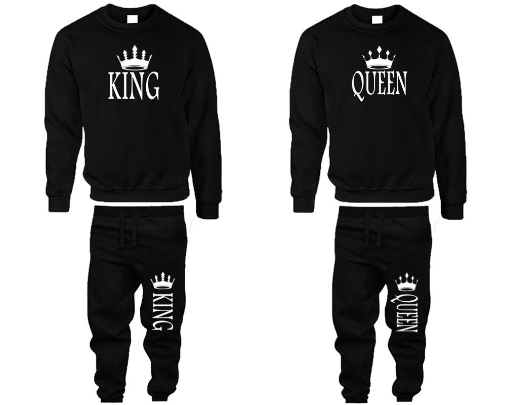 King and Queen top and bottom sets. Black sweatshirt and sweatpants set for men, sweater and jogger pants for women.