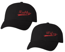 Load image into Gallery viewer, Hubby and Wifey matching caps for couples, Black baseball caps.Red Glitter color Vinyl Design
