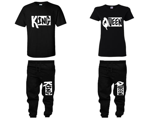 King and Queen shirts and jogger pants, matching top and bottom set, Black t shirts, men joggers, shirt and jogger pants women. Matching couple joggers