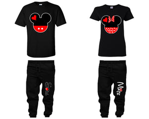 Mickey Minnie shirts, matching top and bottom set, Black t shirts, men joggers, shirt and jogger pants women. Matching couple joggers