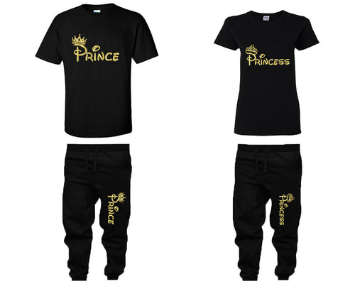 Prince and Princess shirts and jogger pants, matching top and bottom set, Black t shirts, men joggers, shirt and jogger pants women. Matching couple joggers