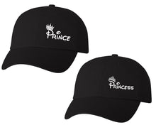 Load image into Gallery viewer, Prince and Princess matching caps for couples, Black baseball caps.White color Vinyl Design
