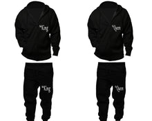 Load image into Gallery viewer, Her King and His Queen zipper hoodies, Matching couple hoodies, Black zip up hoodie for man, Black zip up hoodie womens, Black jogger pants for man and woman.
