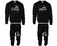 將圖片載入圖庫檢視器 King and Queen top and bottom sets. Black sweatshirt and sweatpants set for men, sweater and jogger pants for women.
