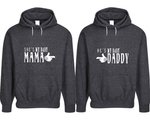She's My Baby Mama and He's My Baby Daddy pullover speckle hoodies, Matching couple hoodies, Black his and hers man and woman contrast raglan hoodies