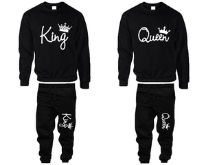 King Queen top and bottom sets. Black sweatshirt and sweatpants set for men, sweater and jogger pants for women.