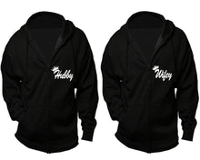 Cargar imagen en el visor de la galería, Hubby and Wifey zipper hoodies, Matching couple hoodies, Black zip up hoodie for man, Black zip up hoodie womens
