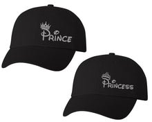 Load image into Gallery viewer, Prince and Princess matching caps for couples, Black baseball caps.Silver Glitter color Vinyl Design
