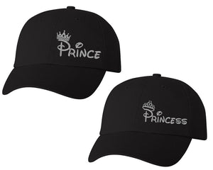 Prince and Princess matching caps for couples, Black baseball caps.Silver Glitter color Vinyl Design
