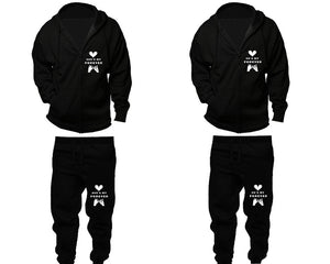She's My Forever and He's My Forever zipper hoodies, Matching couple hoodies, Black zip up hoodie for man, Black zip up hoodie womens, Black jogger pants for man and woman.