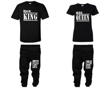 Load image into Gallery viewer, Her King and His Queen shirts and jogger pants, matching top and bottom set, Black t shirts, men joggers, shirt and jogger pants women. Matching couple joggers
