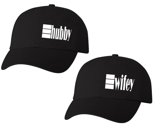 Hubby and Wifey matching caps for couples, Black baseball caps.