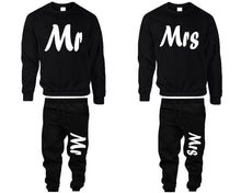 Charger l&#39;image dans la galerie, Mr and Mrs top and bottom sets. Black sweatshirt and sweatpants set for men, sweater and jogger pants for women.
