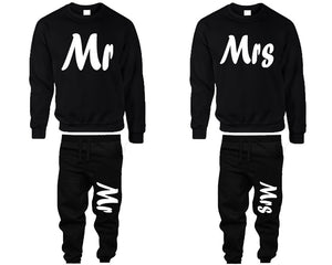Mr and Mrs top and bottom sets. Black sweatshirt and sweatpants set for men, sweater and jogger pants for women.