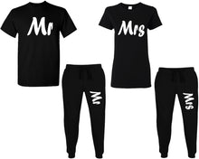 Load image into Gallery viewer, Mr and Mrs shirts and jogger pants, matching top and bottom set, Black t shirts, men joggers, shirt and jogger pants women. Matching couple joggers
