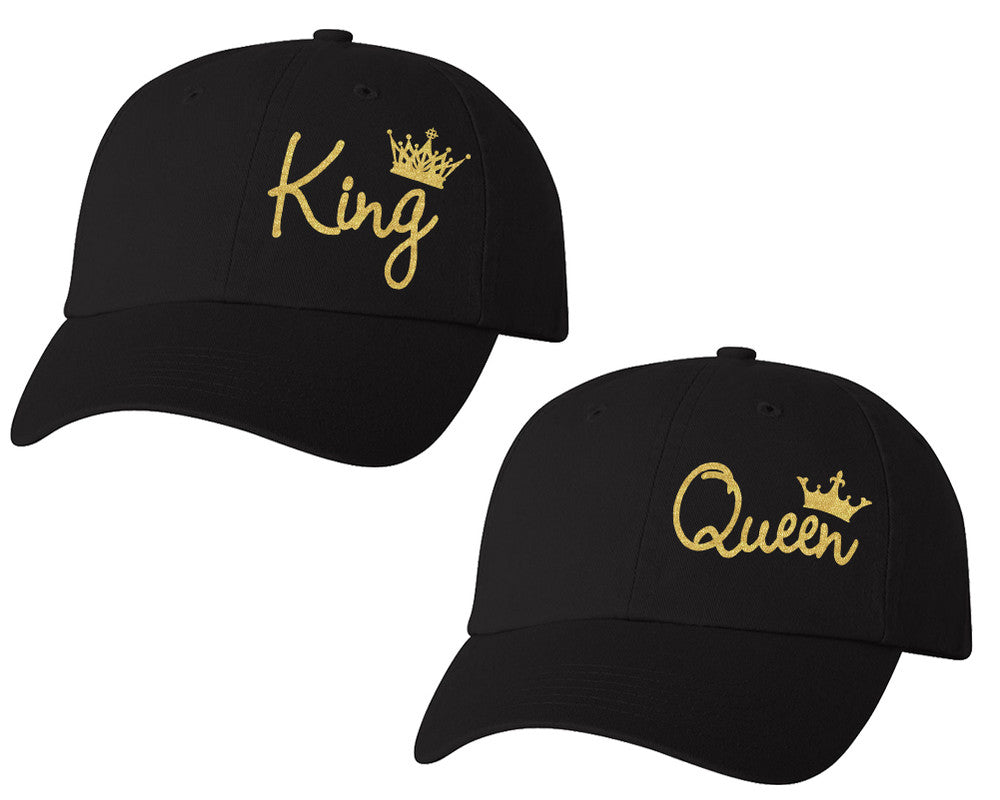 King and Queen matching caps for couples, Black baseball caps.Gold Glitter color Vinyl Design
