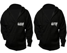 將圖片載入圖庫檢視器 Hubby and Wifey zipper hoodies, Matching couple hoodies, Black zip up hoodie for man, Black zip up hoodie womens
