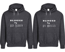 Cargar imagen en el visor de la galería, Blinded by Her Beauty and Blinded by His Muscles pullover speckle hoodies, Matching couple hoodies, Black his and hers man and woman contrast raglan hoodies
