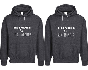 Blinded by Her Beauty and Blinded by His Muscles pullover speckle hoodies, Matching couple hoodies, Black his and hers man and woman contrast raglan hoodies