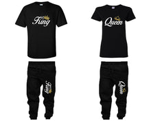Load image into Gallery viewer, King and Queen shirts and jogger pants, matching top and bottom set, Black t shirts, men joggers, shirt and jogger pants women. Matching couple joggers
