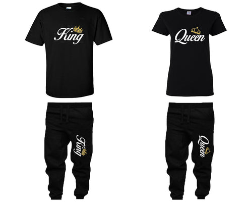 King and Queen shirts and jogger pants, matching top and bottom set, Black t shirts, men joggers, shirt and jogger pants women. Matching couple joggers