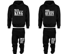 Load image into Gallery viewer, Her King and His Queen matching top and bottom set, Black pullover hoodie and sweatpants sets for mens, pullover hoodie and jogger set womens. Matching couple joggers.
