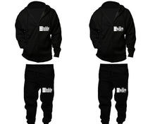 將圖片載入圖庫檢視器 Hubby and Wifey zipper hoodies, Matching couple hoodies, Black zip up hoodie for man, Black zip up hoodie womens, Black jogger pants for man and woman.
