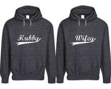 Görseli Galeri görüntüleyiciye yükleyin, Hubby and Wifey pullover speckle hoodies, Matching couple hoodies, Black his and hers man and woman contrast raglan hoodies
