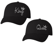Load image into Gallery viewer, King and Queen matching caps for couples, Black baseball caps.Silver Foil color Vinyl Design

