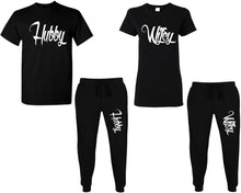 Charger l&#39;image dans la galerie, Hubby and Wifey shirts and jogger pants, matching top and bottom set, Black t shirts, men joggers, shirt and jogger pants women. Matching couple joggers
