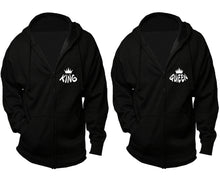 Cargar imagen en el visor de la galería, King and Queen zipper hoodies, Matching couple hoodies, Black zip up hoodie for man, Black zip up hoodie womens
