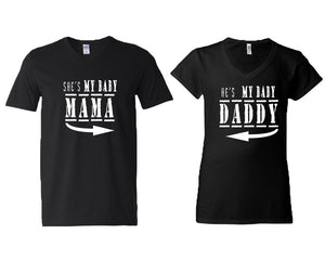 She's My Baby Mama and He's My Baby Daddy matching couple v-neck shirts.Couple shirts, Black v neck t shirts for men, v neck t shirts women. Couple matching shirts.