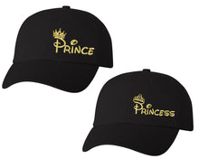Load image into Gallery viewer, Prince and Princess matching caps for couples, Black baseball caps.Gold Foil color Vinyl Design
