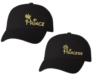 Prince and Princess matching caps for couples, Black baseball caps.Gold Foil color Vinyl Design