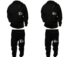 Her King and His Queen zipper hoodies, Matching couple hoodies, Black zip up hoodie for man, Black zip up hoodie womens, Black jogger pants for man and woman.