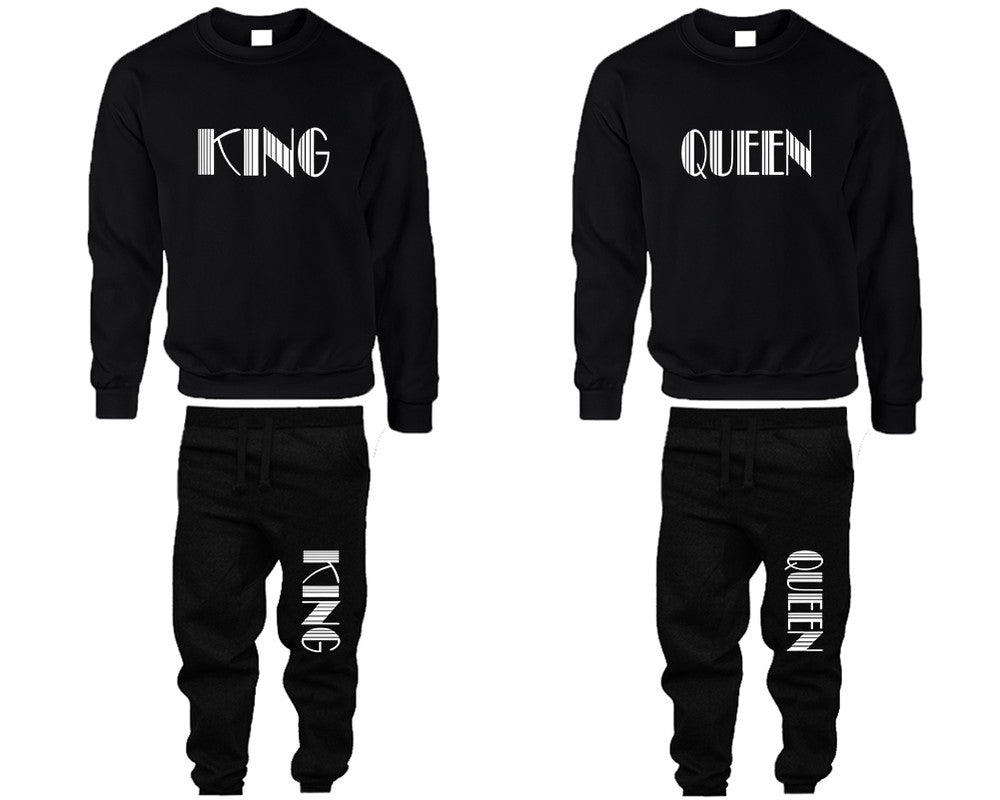 King and Queen top and bottom sets. Black sweatshirt and sweatpants set for men, sweater and jogger pants for women.